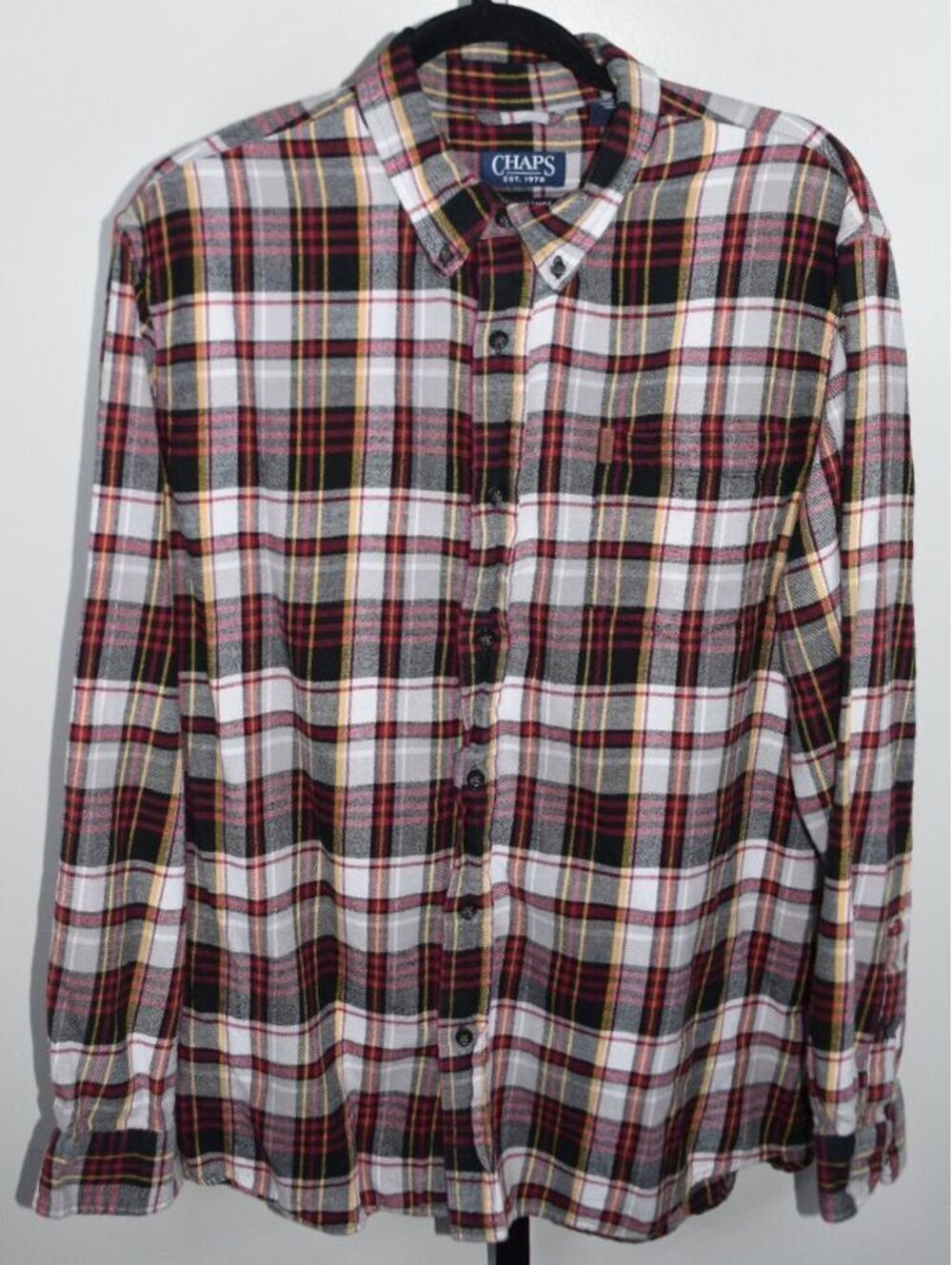 Chaps Performance Plaid Flannel Shirt Grey Red and Yellow Button-Up, Size XL - Picture 1 of 5